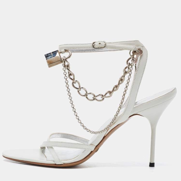 Pre Owned Dolce & Gabbana White Leather Chain Embellished Ankle Strap Sandals Size 37.5