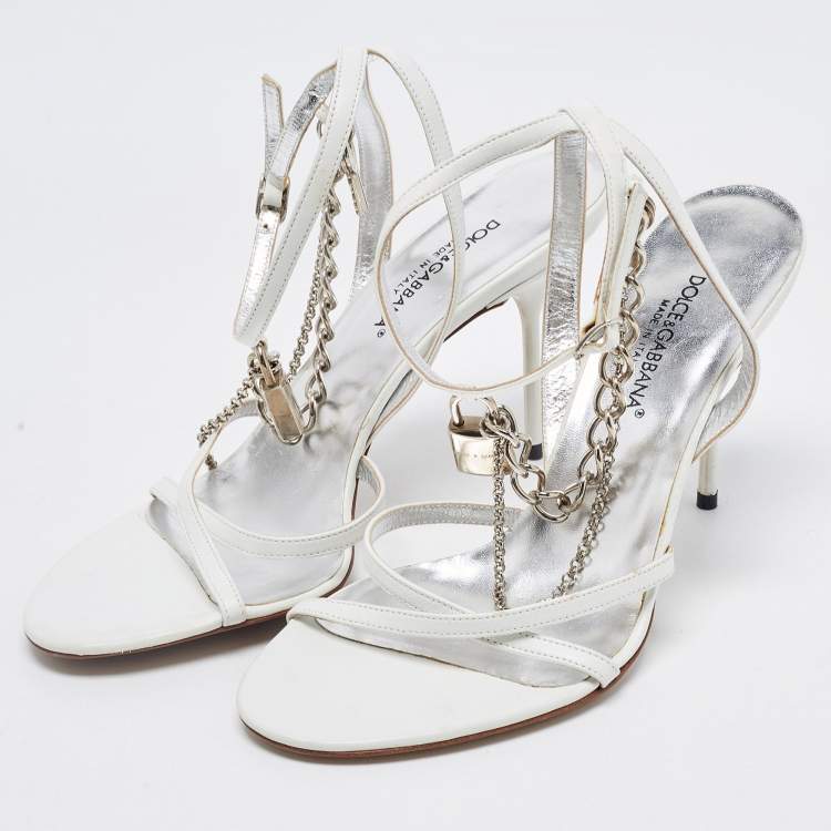 Pre Owned Dolce & Gabbana White Leather Chain Embellished Ankle Strap Sandals Size 37.5