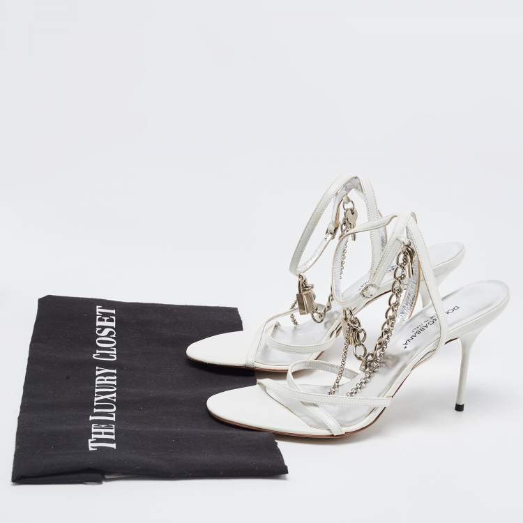 Pre Owned Dolce & Gabbana White Leather Chain Embellished Ankle Strap Sandals Size 37.5