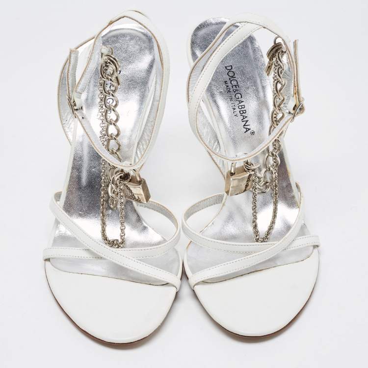 Pre Owned Dolce & Gabbana White Leather Chain Embellished Ankle Strap Sandals Size 37.5