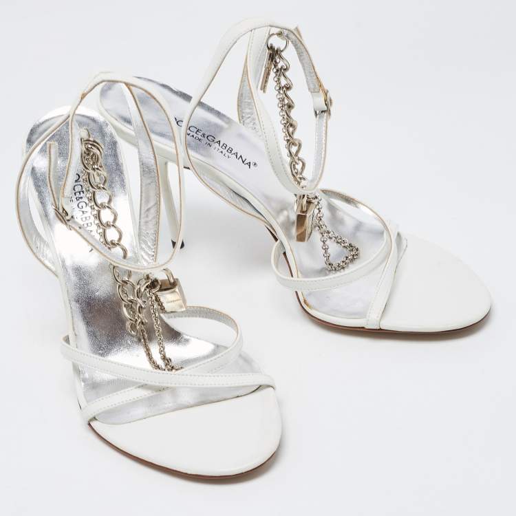 Pre Owned Dolce & Gabbana White Leather Chain Embellished Ankle Strap Sandals Size 37.5