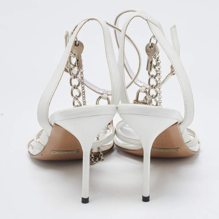 Pre Owned Dolce & Gabbana White Leather Chain Embellished Ankle Strap Sandals Size 37.5