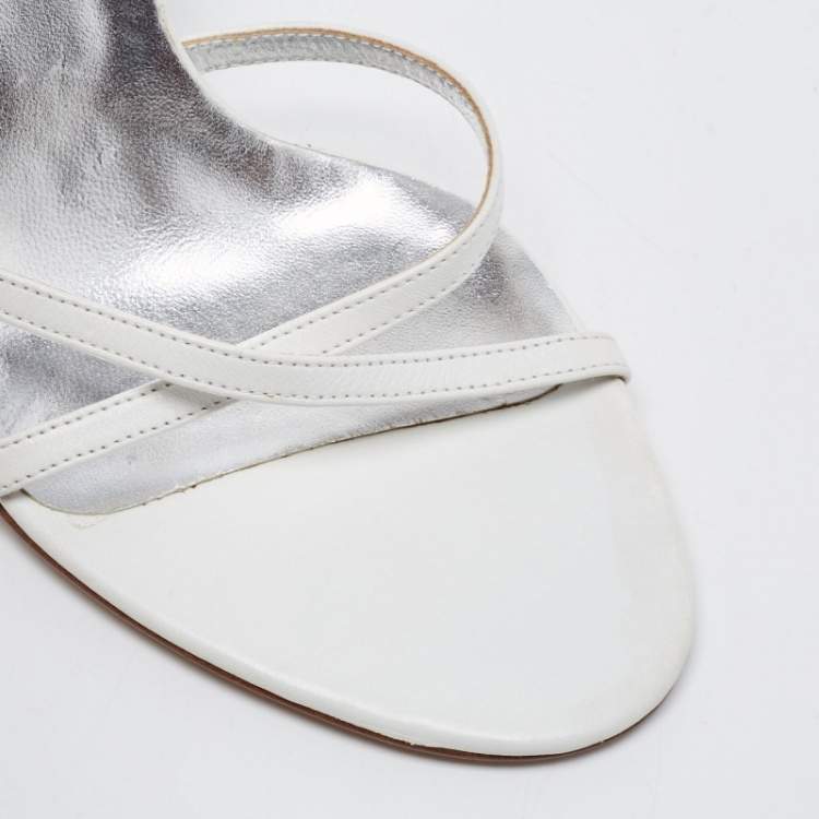 Pre Owned Dolce & Gabbana White Leather Chain Embellished Ankle Strap Sandals Size 37.5