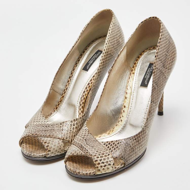 Pre Owned Dolce & Gabbana Black/White Watersnake Leather Peep Toe Pumps Size 39.5