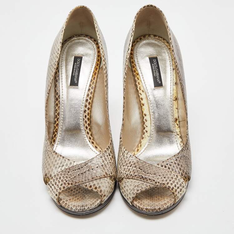 Pre Owned Dolce & Gabbana Black/White Watersnake Leather Peep Toe Pumps Size 39.5