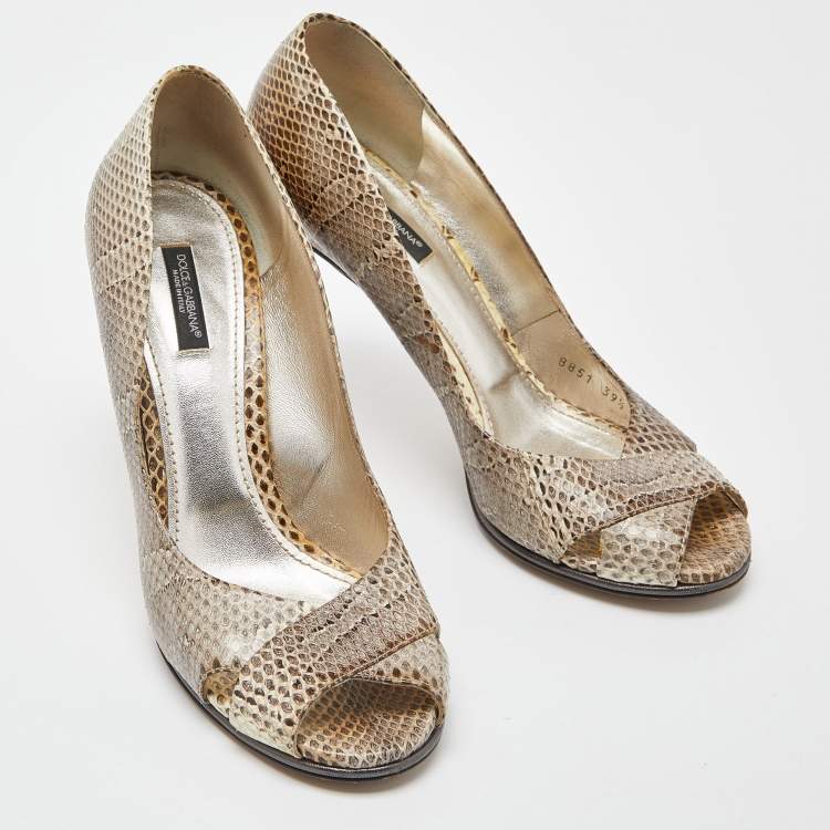 Pre Owned Dolce & Gabbana Black/White Watersnake Leather Peep Toe Pumps Size 39.5