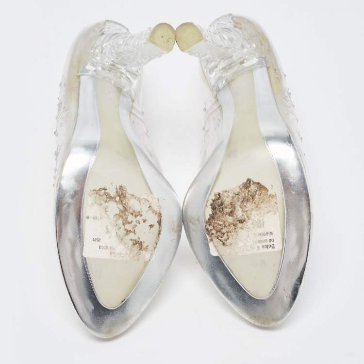 Pre Owned Dolce & Gabbana Silver PVC Crystal Embellished Cinderella Pumps Size 38.5
