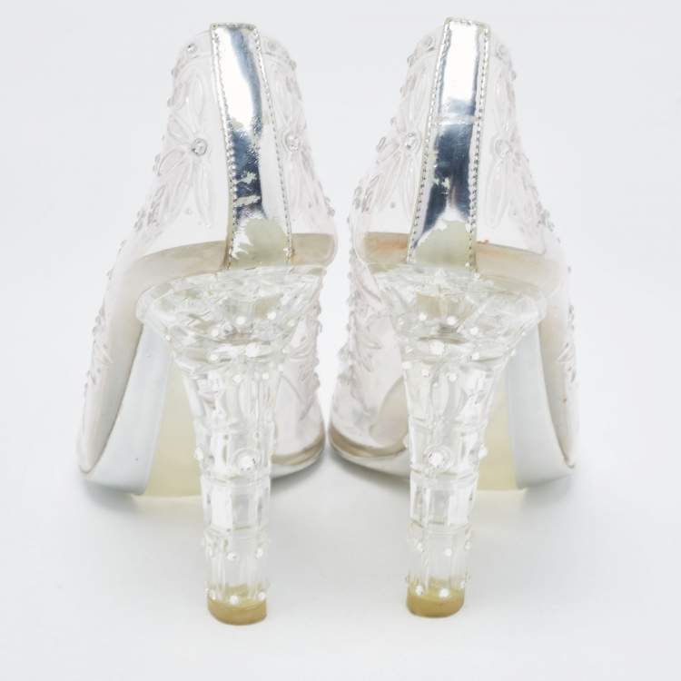 Pre Owned Dolce & Gabbana Silver PVC Crystal Embellished Cinderella Pumps Size 38.5