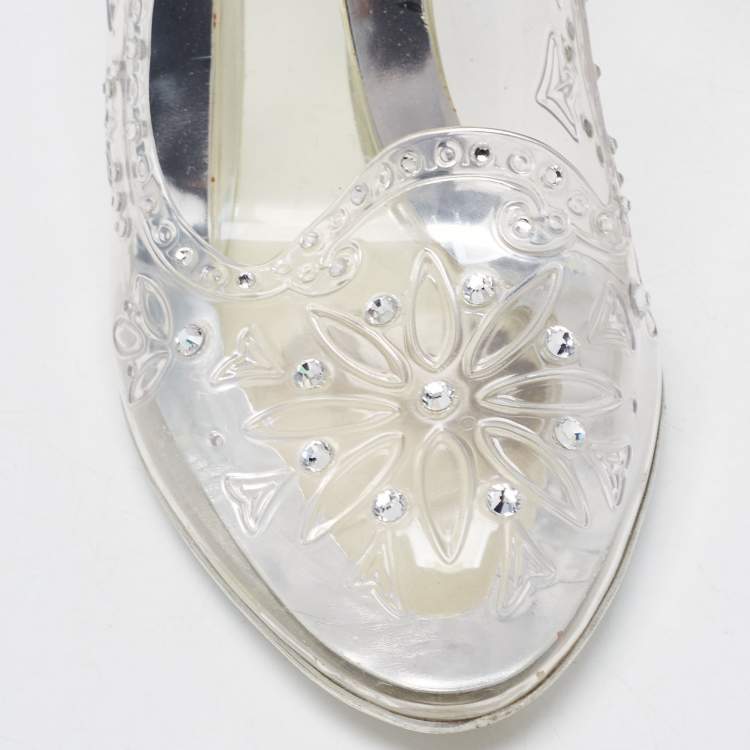 Pre Owned Dolce & Gabbana Silver PVC Crystal Embellished Cinderella Pumps Size 38.5