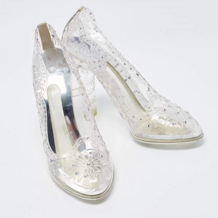 Pre Owned Dolce & Gabbana Silver PVC Crystal Embellished Cinderella Pumps Size 38.5
