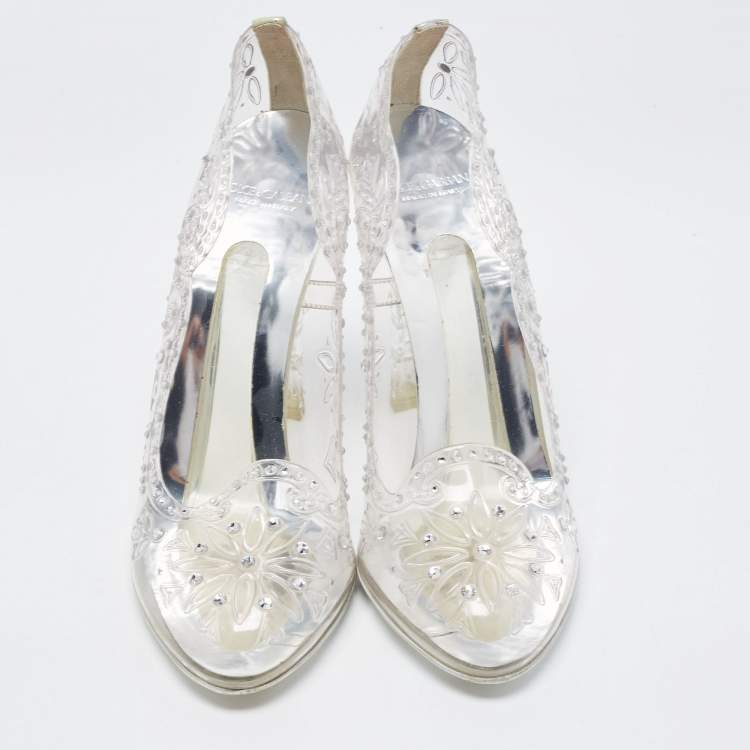 Pre Owned Dolce & Gabbana Silver PVC Crystal Embellished Cinderella Pumps Size 38.5