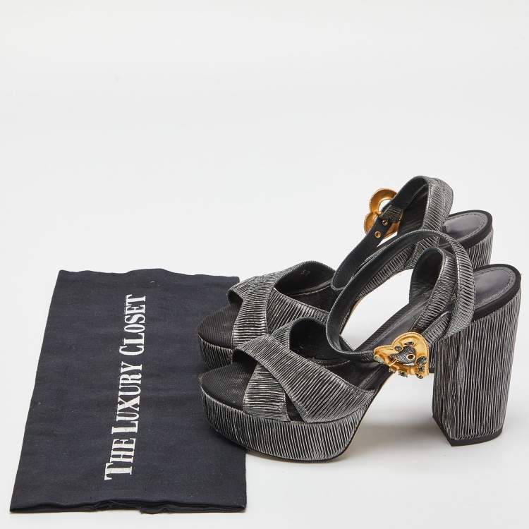 Pre Owned Dolce & Gabbana Metallic Grey Pleated Fabric Ankle Strap Platform Sandals Size 37