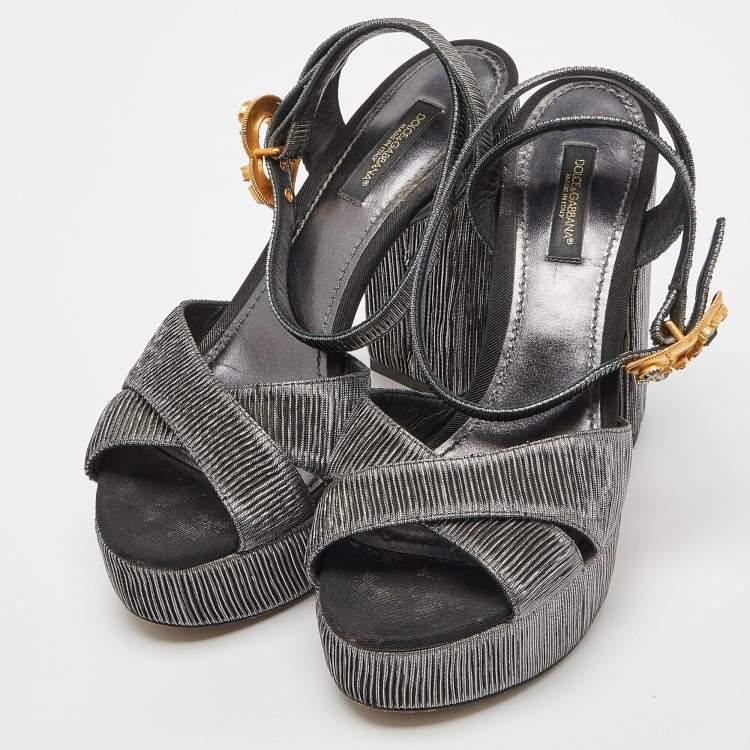 Pre Owned Dolce & Gabbana Metallic Grey Pleated Fabric Ankle Strap Platform Sandals Size 37
