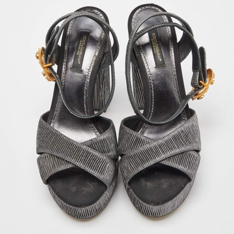 Pre Owned Dolce & Gabbana Metallic Grey Pleated Fabric Ankle Strap Platform Sandals Size 37
