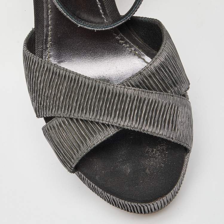 Pre Owned Dolce & Gabbana Metallic Grey Pleated Fabric Ankle Strap Platform Sandals Size 37