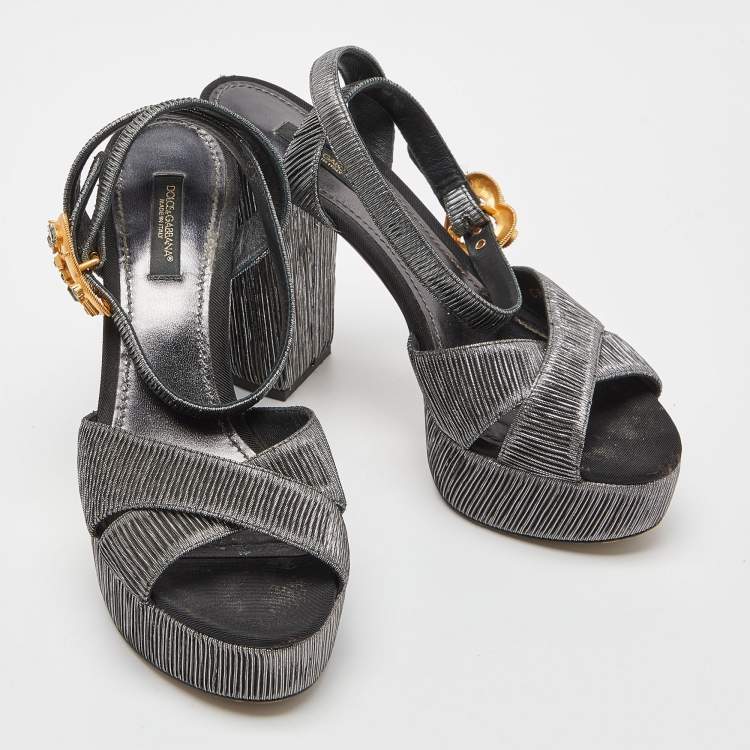 Pre Owned Dolce & Gabbana Metallic Grey Pleated Fabric Ankle Strap Platform Sandals Size 37