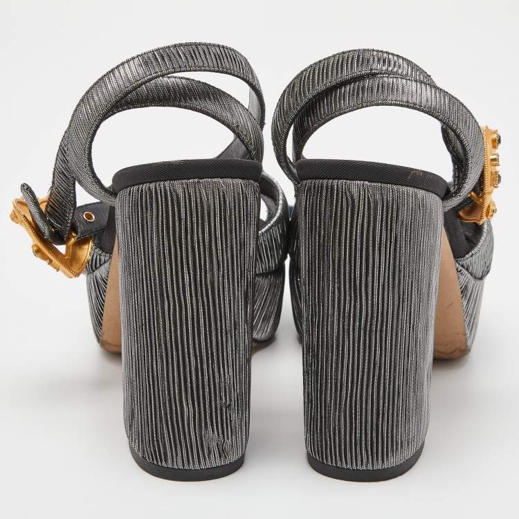 Pre Owned Dolce & Gabbana Metallic Grey Pleated Fabric Ankle Strap Platform Sandals Size 37