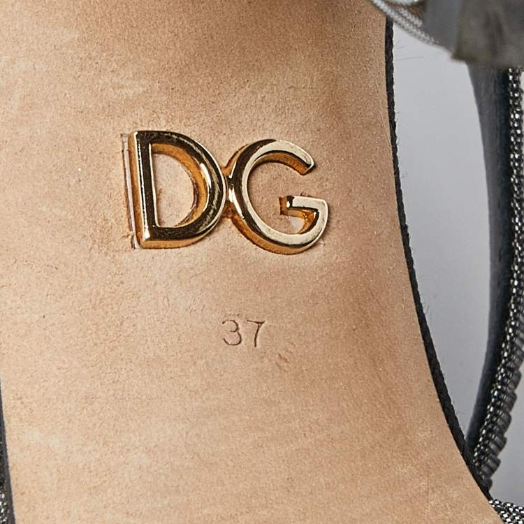 Pre Owned Dolce & Gabbana Metallic Grey Pleated Fabric Ankle Strap Platform Sandals Size 37