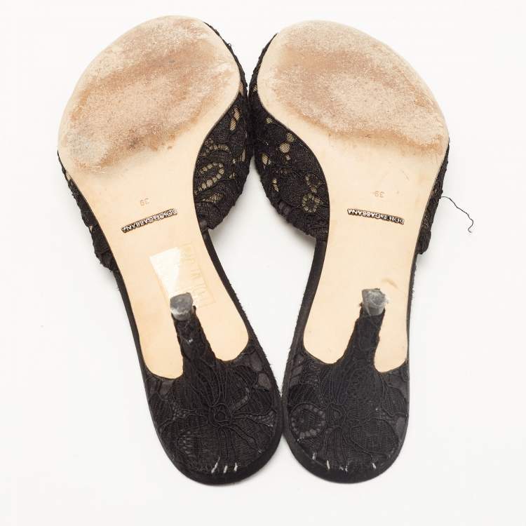 Pre Owned Dolce & Gabbana Black Lace Keria Crystal Embellished Slides Size 39