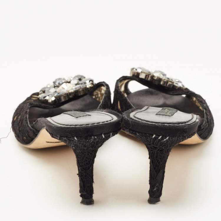 Pre Owned Dolce & Gabbana Black Lace Keria Crystal Embellished Slides Size 39