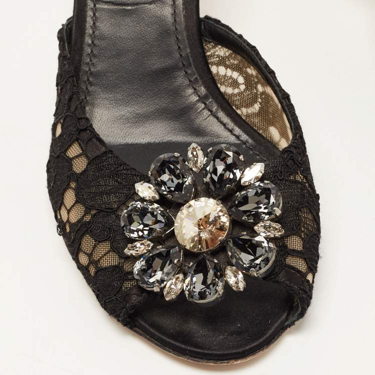 Pre Owned Dolce & Gabbana Black Lace Keria Crystal Embellished Slides Size 39