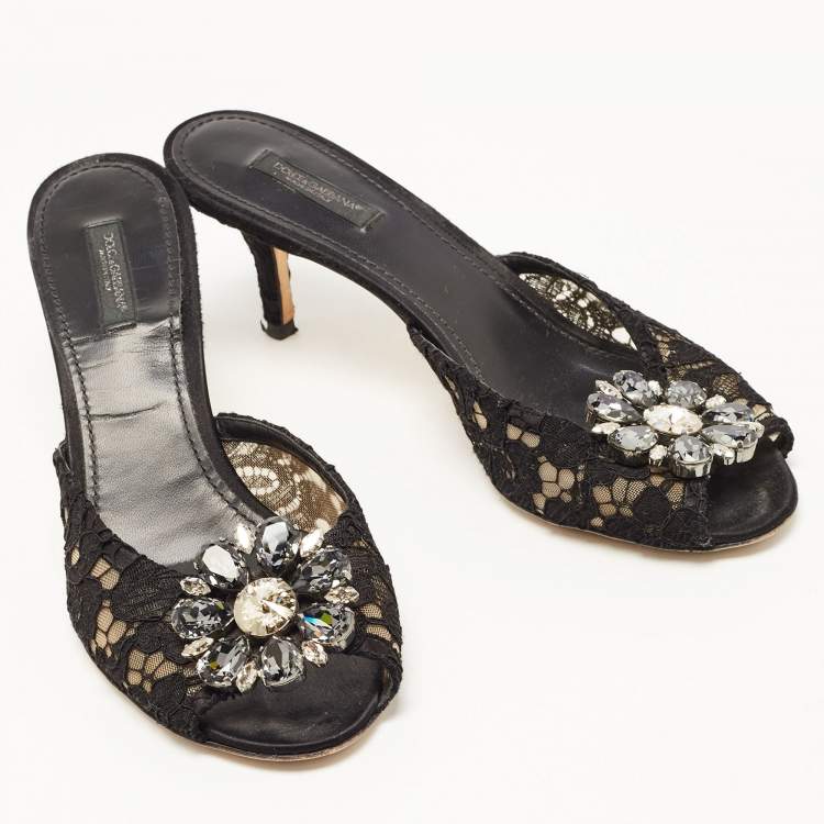 Pre Owned Dolce & Gabbana Black Lace Keria Crystal Embellished Slides Size 39