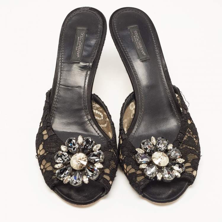 Pre Owned Dolce & Gabbana Black Lace Keria Crystal Embellished Slides Size 39