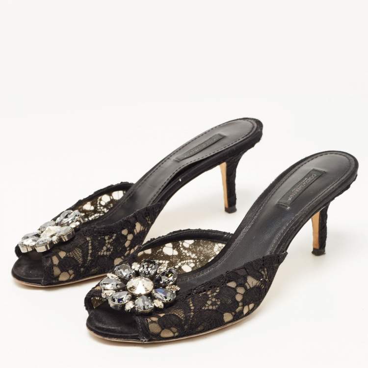 Pre Owned Dolce & Gabbana Black Lace Keria Crystal Embellished Slides Size 39