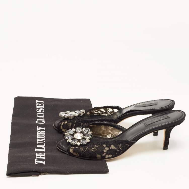 Pre Owned Dolce & Gabbana Black Lace Keria Crystal Embellished Slides Size 39