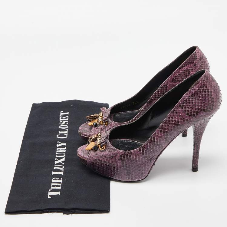 Pre Owned Dolce & Gabbana Purple Watersnake Leather Peep Toe Pumps Size 38.5