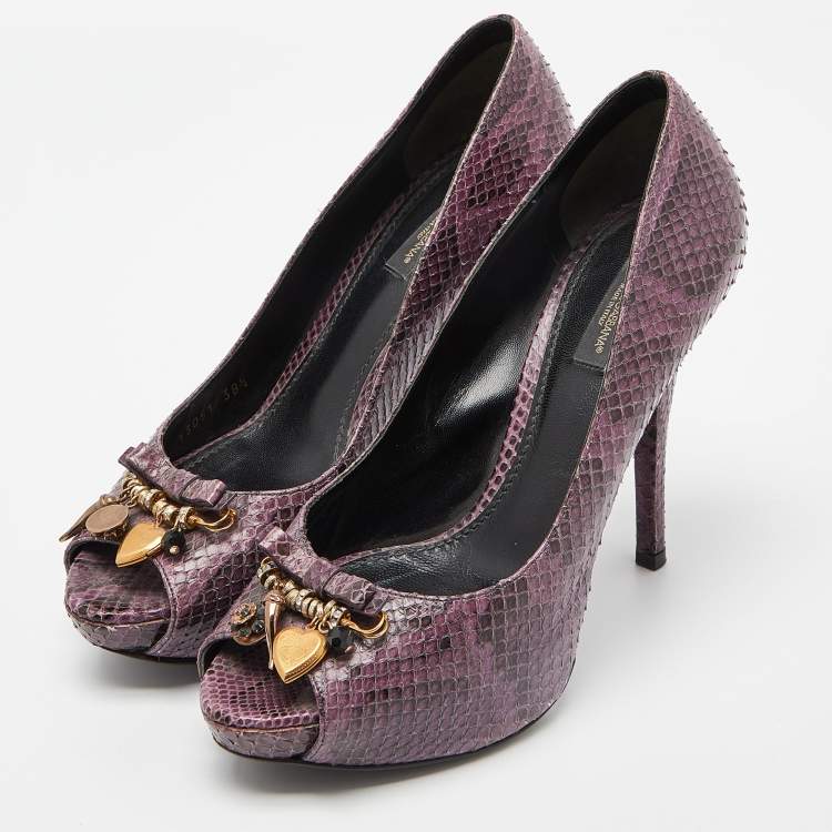 Pre Owned Dolce & Gabbana Purple Watersnake Leather Peep Toe Pumps Size 38.5