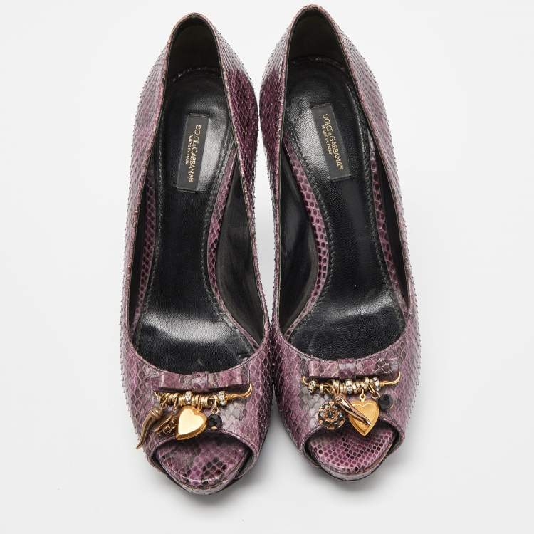 Pre Owned Dolce & Gabbana Purple Watersnake Leather Peep Toe Pumps Size 38.5