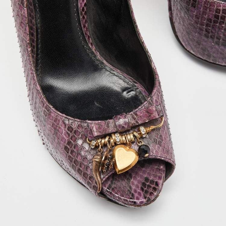 Pre Owned Dolce & Gabbana Purple Watersnake Leather Peep Toe Pumps Size 38.5