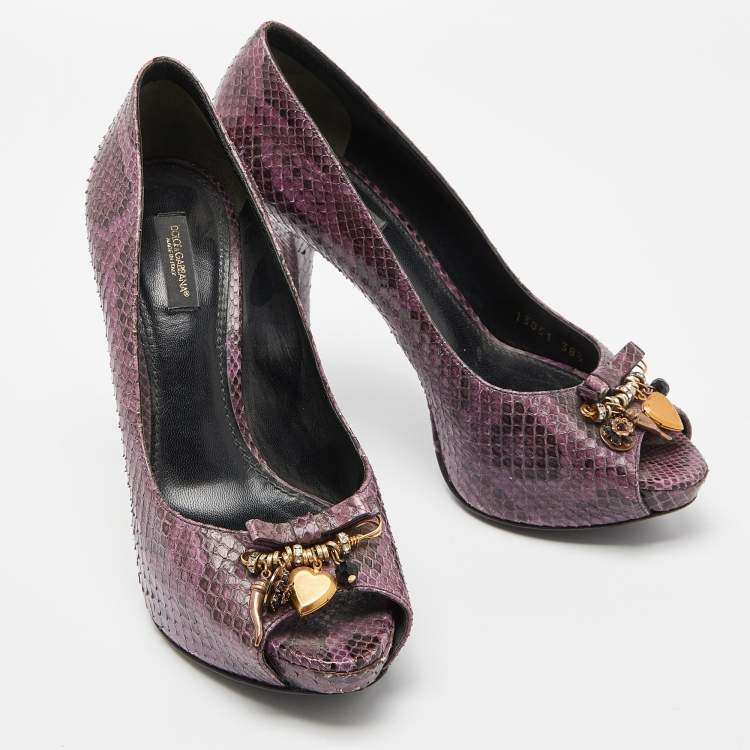 Pre Owned Dolce & Gabbana Purple Watersnake Leather Peep Toe Pumps Size 38.5