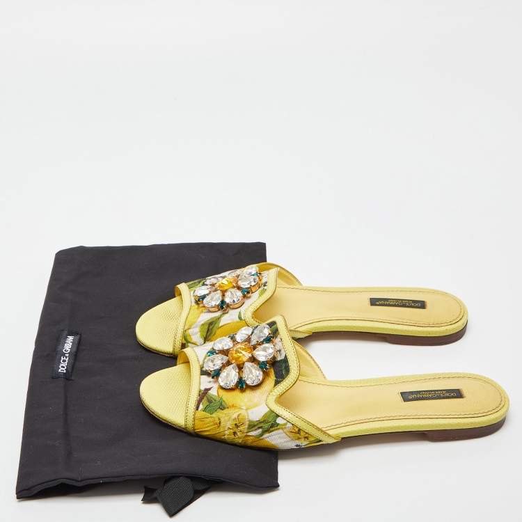Pre Owned Dolce & Gabbana Yellow Floral Fabric and Lizard Embossed Leather Crystal Embellished Sofia Flat Slides Size 39