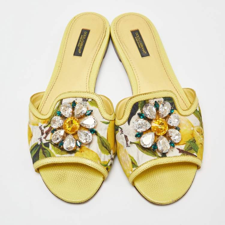 Pre Owned Dolce & Gabbana Yellow Floral Fabric and Lizard Embossed Leather Crystal Embellished Sofia Flat Slides Size 39