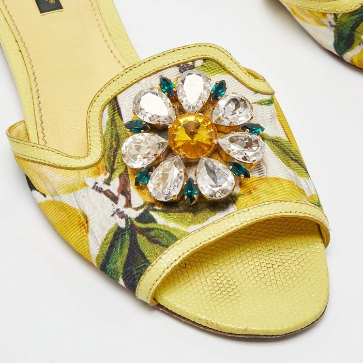Pre Owned Dolce & Gabbana Yellow Floral Fabric and Lizard Embossed Leather Crystal Embellished Sofia Flat Slides Size 39