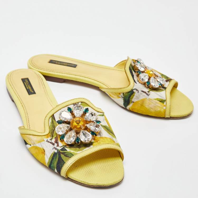 Pre Owned Dolce & Gabbana Yellow Floral Fabric and Lizard Embossed Leather Crystal Embellished Sofia Flat Slides Size 39
