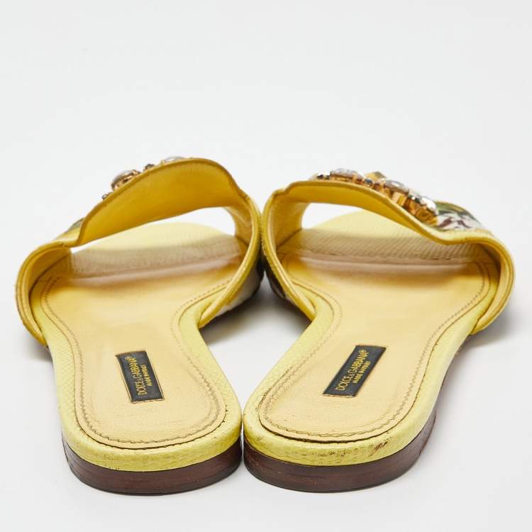 Pre Owned Dolce & Gabbana Yellow Floral Fabric and Lizard Embossed Leather Crystal Embellished Sofia Flat Slides Size 39