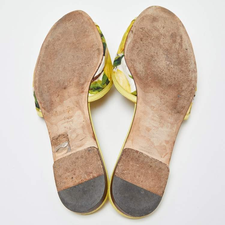 Pre Owned Dolce & Gabbana Yellow Floral Fabric and Lizard Embossed Leather Crystal Embellished Sofia Flat Slides Size 39