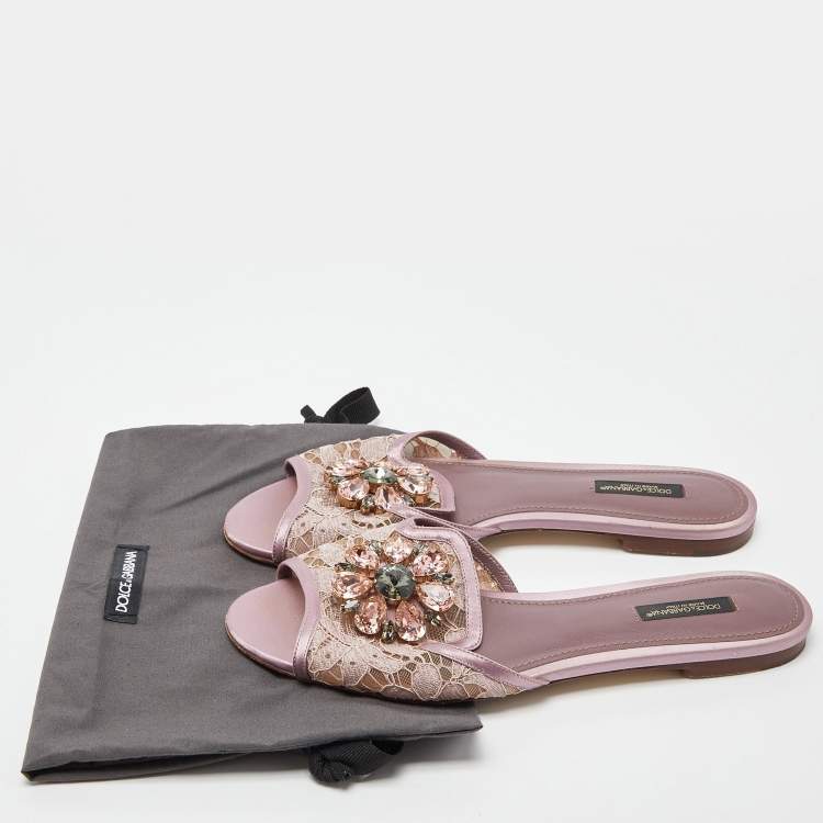 Pre Owned Dolce & Gabbana Pink Satin and Lace Sofia Crystal Embellished Slide Flat Sandals Size 39