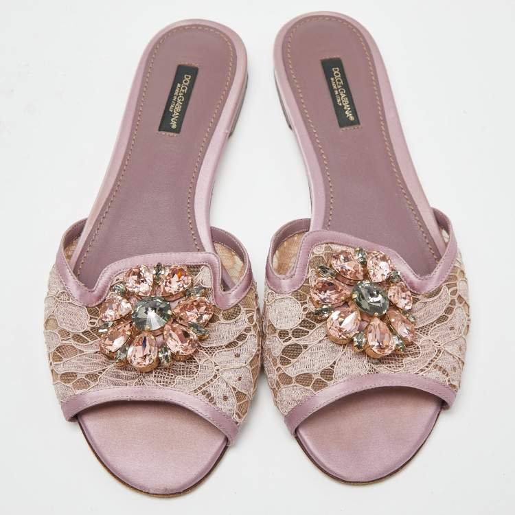 Pre Owned Dolce & Gabbana Pink Satin and Lace Sofia Crystal Embellished Slide Flat Sandals Size 39