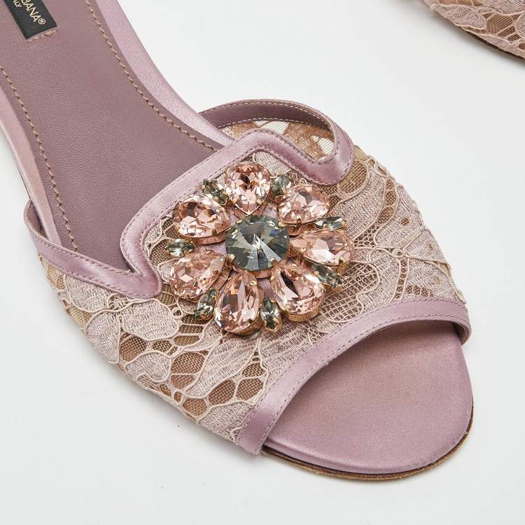Pre Owned Dolce & Gabbana Pink Satin and Lace Sofia Crystal Embellished Slide Flat Sandals Size 39
