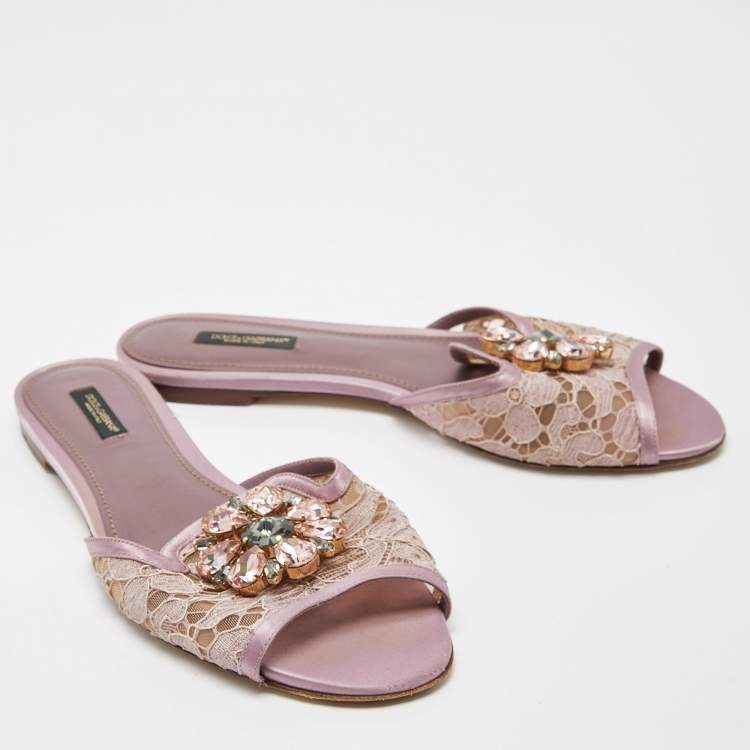 Pre Owned Dolce & Gabbana Pink Satin and Lace Sofia Crystal Embellished Slide Flat Sandals Size 39