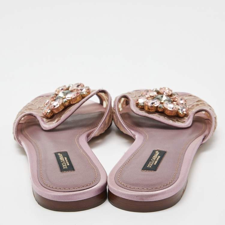 Pre Owned Dolce & Gabbana Pink Satin and Lace Sofia Crystal Embellished Slide Flat Sandals Size 39