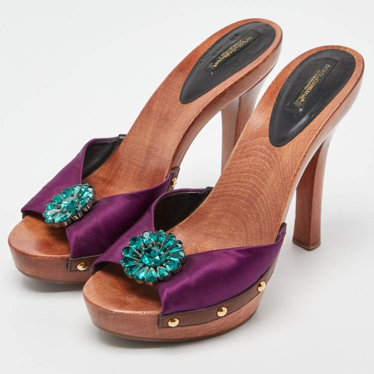 Pre Owned Dolce & Gabbana Purple Satin Crystal Embellished Brooch Wooden Slides Size 39