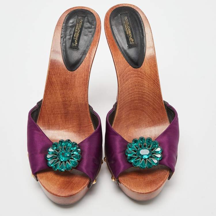 Pre Owned Dolce & Gabbana Purple Satin Crystal Embellished Brooch Wooden Slides Size 39
