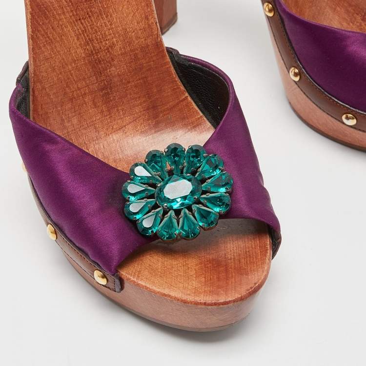 Pre Owned Dolce & Gabbana Purple Satin Crystal Embellished Brooch Wooden Slides Size 39