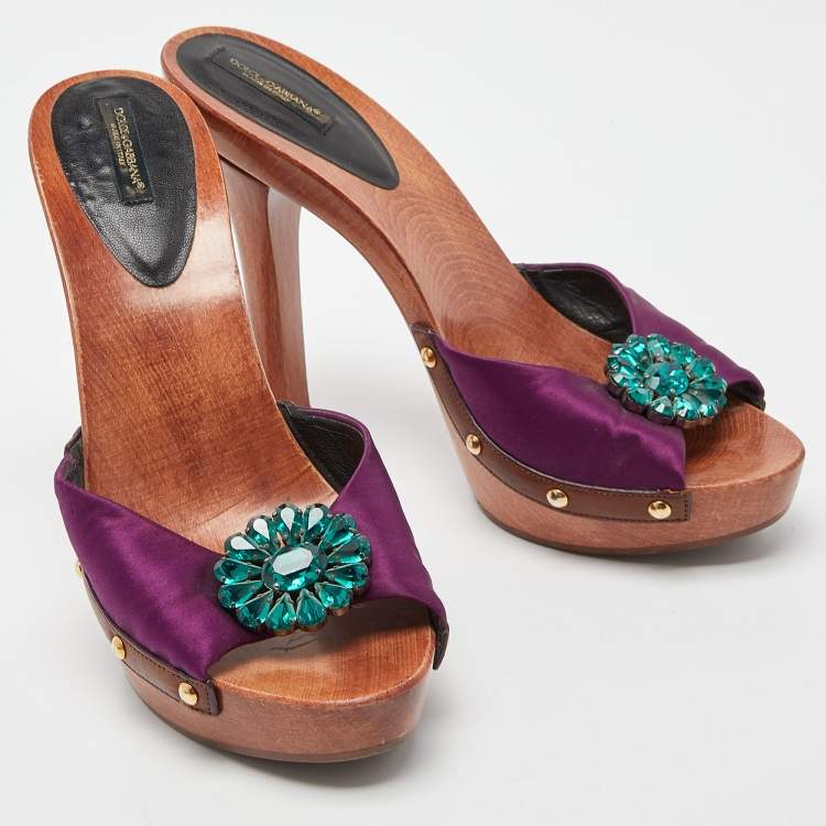 Pre Owned Dolce & Gabbana Purple Satin Crystal Embellished Brooch Wooden Slides Size 39