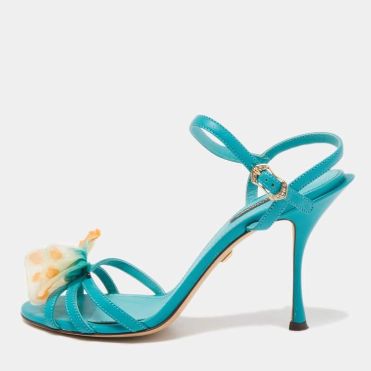Pre Owned Dolce & Gabbana Blue Leather Bow Ankle Strap Sandals Size 38